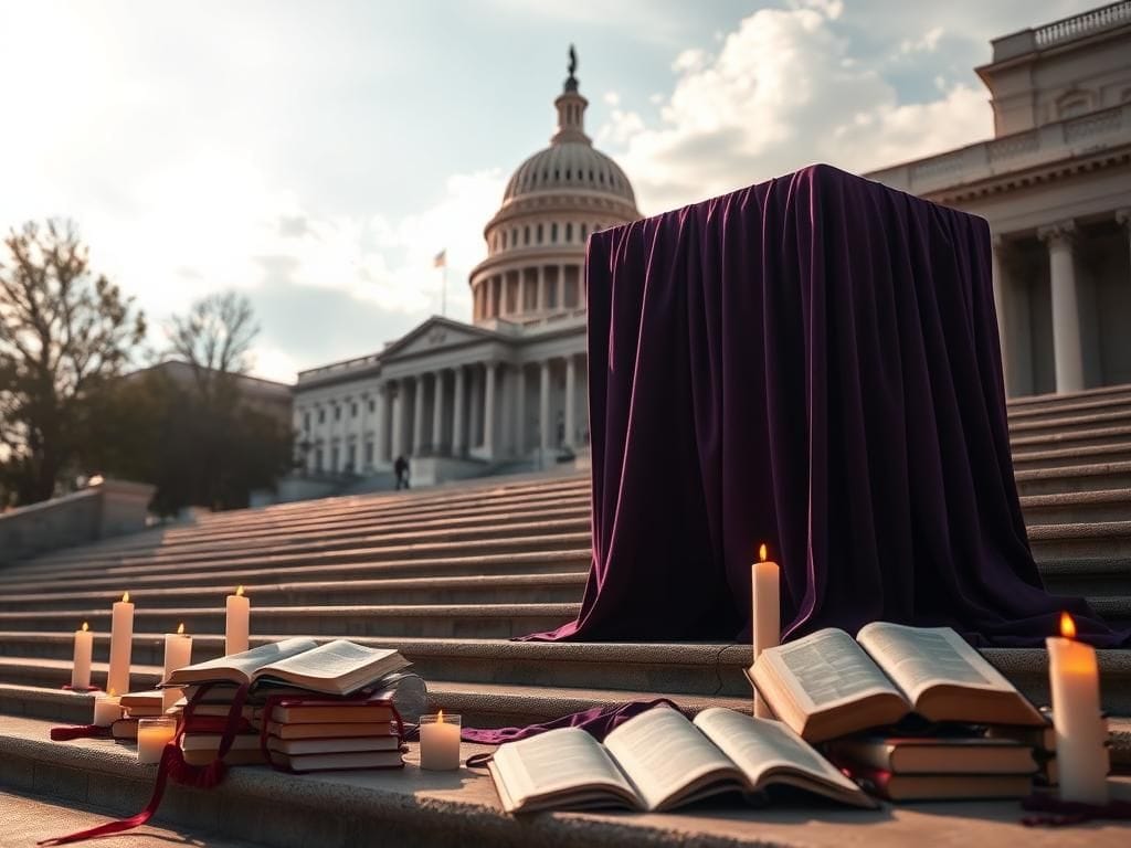 Flick International Empty pulpit draped in purple cloth at U.S. Capitol steps with candles and prayer books