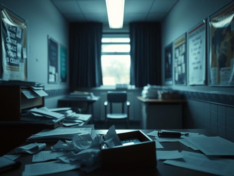 Flick International Dimly lit high school office with disheveled desk and crumpled notes