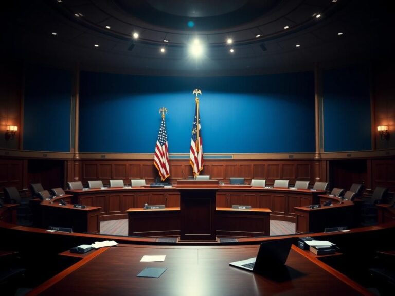 Flick International Abstract representation of a congressional hearing room with empty podium and desks