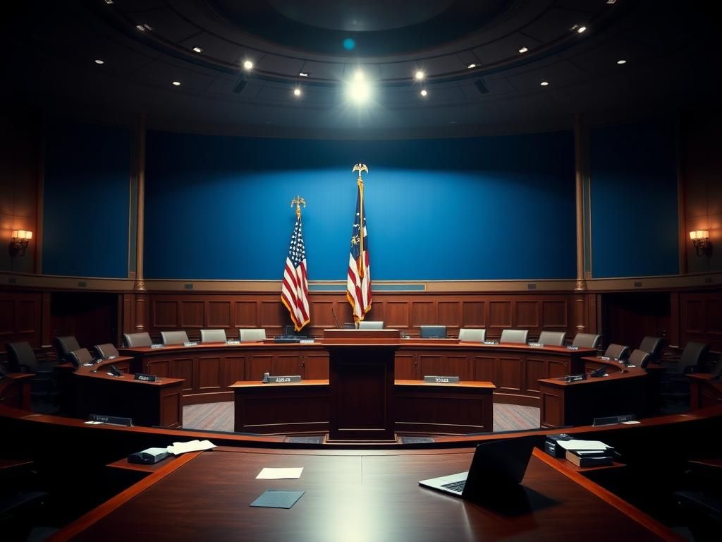 Flick International Abstract representation of a congressional hearing room with empty podium and desks