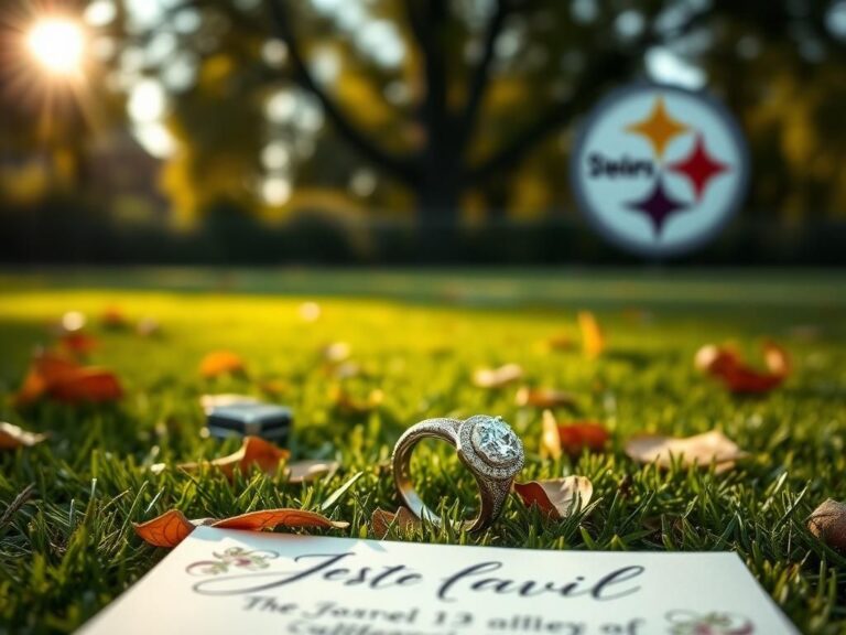 Flick International Close-up of an intricately designed wedding ring on a football field with autumn leaves