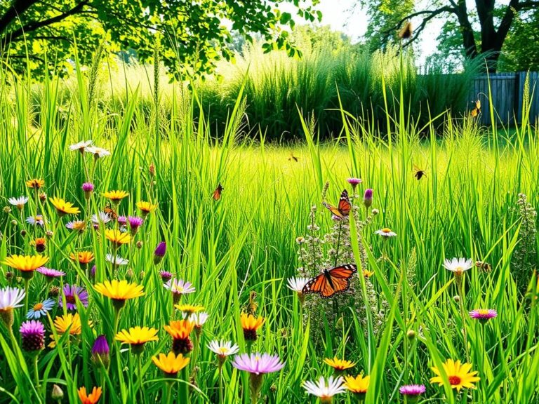 Flick International A vibrant backyard filled with wildflowers, grasses, and butterflies, showcasing the beauty of unmanaged nature