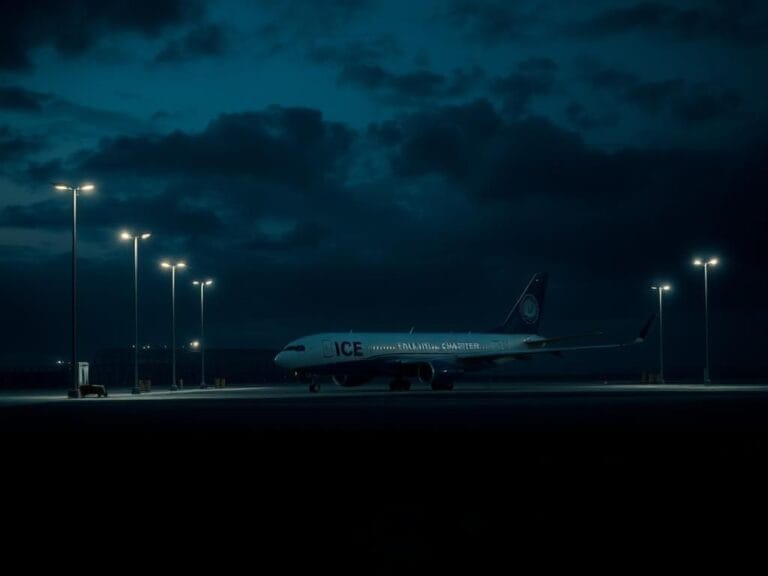 Flick International Nighttime scene of a grounded ICE charter plane on a dimly lit airport tarmac
