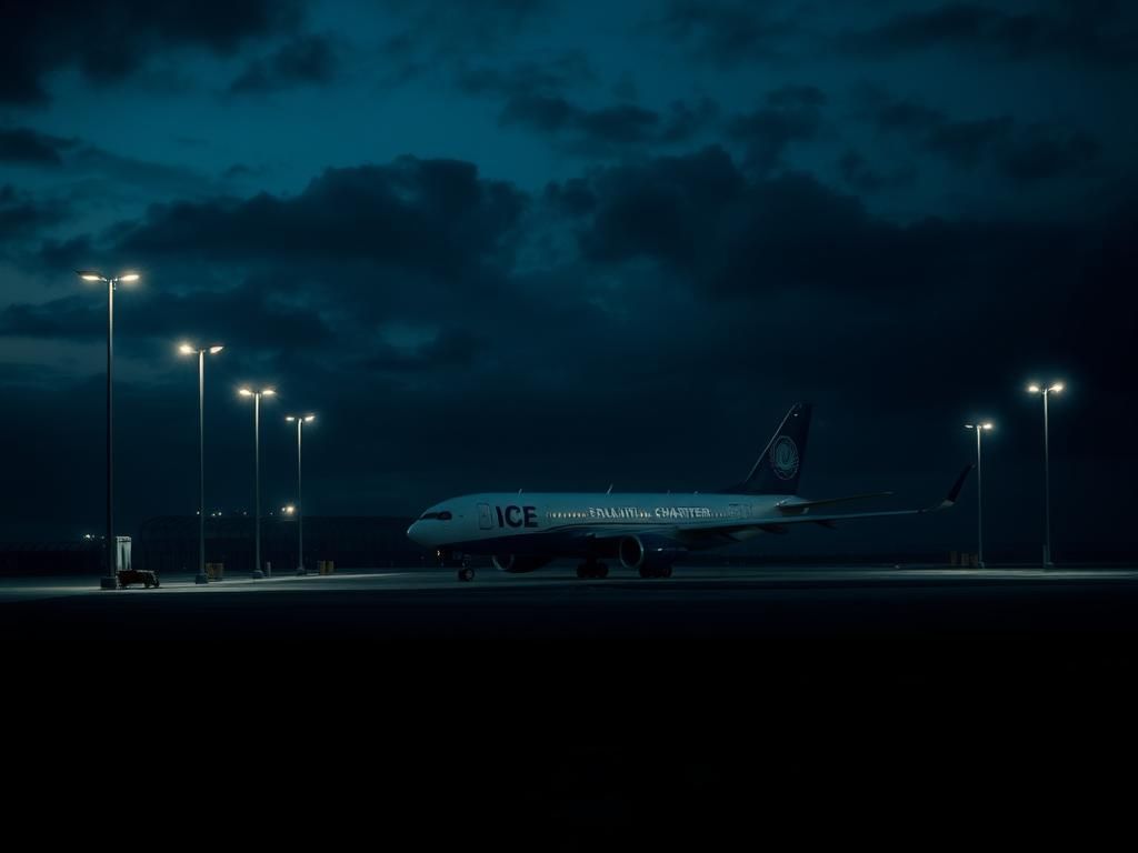 Flick International Nighttime scene of a grounded ICE charter plane on a dimly lit airport tarmac