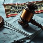 Flick International A large, weathered gavel on campaign finance documents representing legal scrutiny