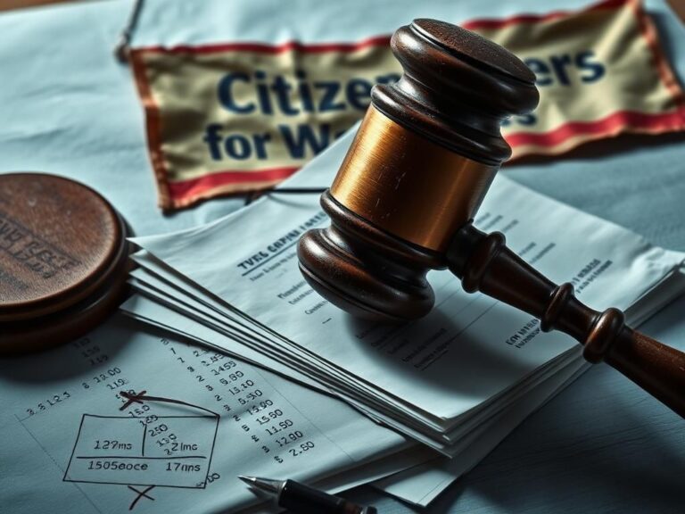 Flick International A large, weathered gavel on campaign finance documents representing legal scrutiny