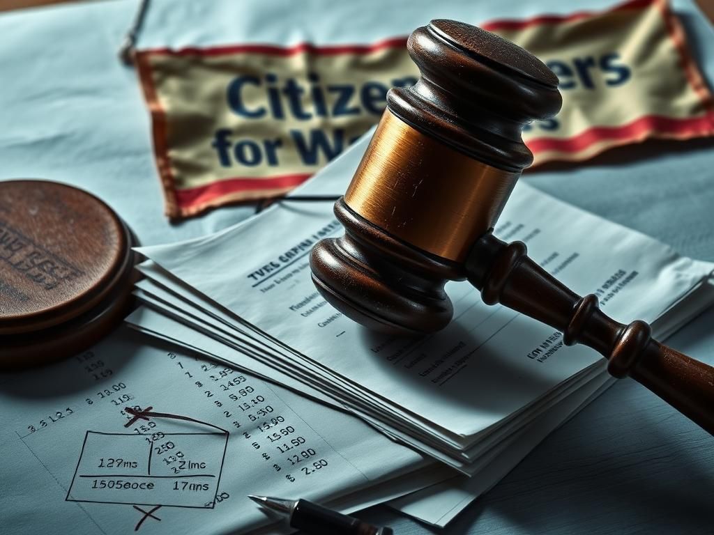 Flick International A large, weathered gavel on campaign finance documents representing legal scrutiny
