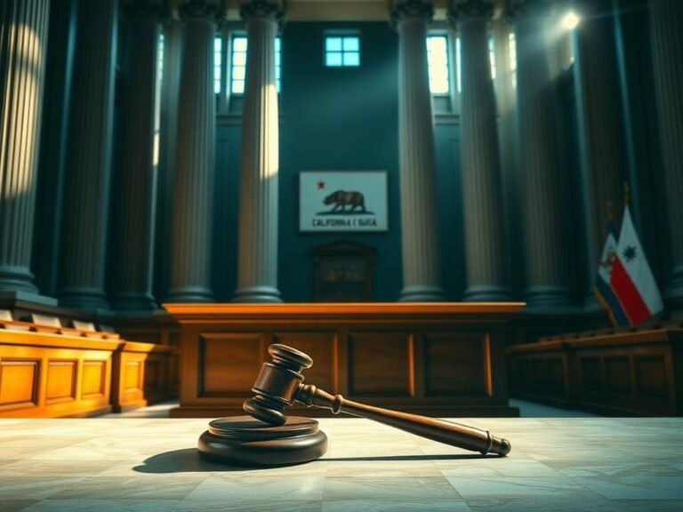 Flick International Visually striking courtroom scene with empty judge's bench and gavel