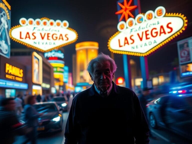Flick International Blurred silhouette of an elderly man amidst the vibrant Las Vegas nightlife at night