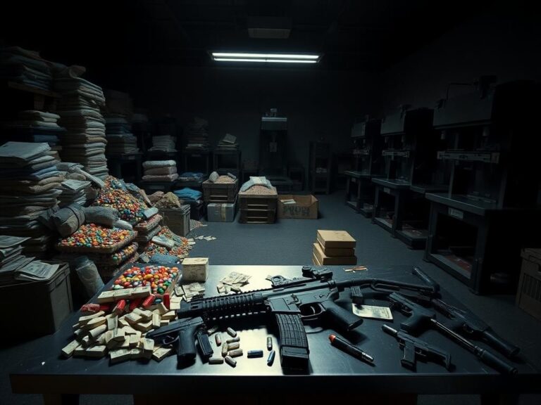 Flick International A dramatic image of assorted drugs and firearms in a dark, cluttered room reflecting a major drug bust