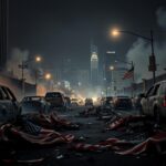 Flick International Aftermath of a riot in Los Angeles, featuring burnt American flags and charred vehicles