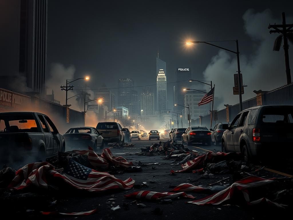 Flick International Aftermath of a riot in Los Angeles, featuring burnt American flags and charred vehicles