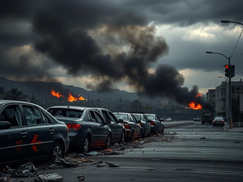 Flick International A cityscape of Los Angeles in turmoil with damaged cars and dark smoke rising from fires.