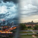 Flick International A dramatic landscape contrasting chaos in California with stability in New Jersey, showcasing tumultuous skies and peaceful suburban scenes.