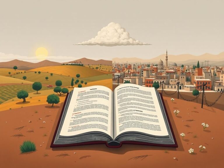 Flick International Illustration depicting the divided narratives of the Israel-Palestine conflict, featuring contrasting landscapes.