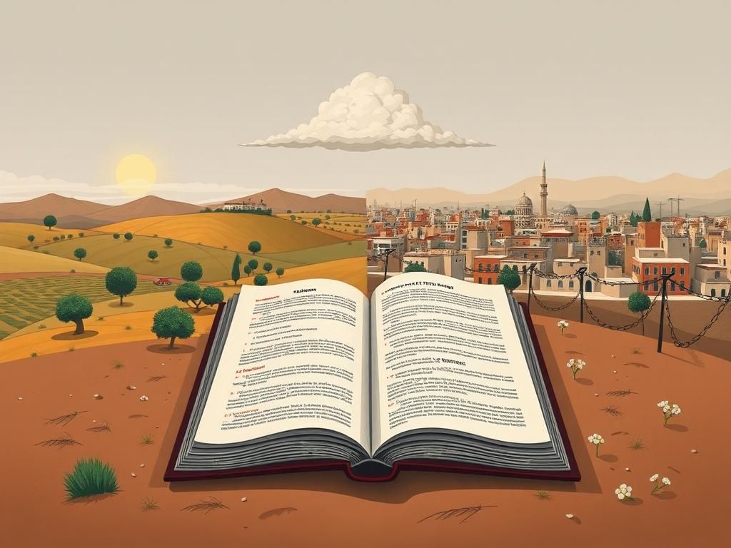 Flick International Illustration depicting the divided narratives of the Israel-Palestine conflict, featuring contrasting landscapes.