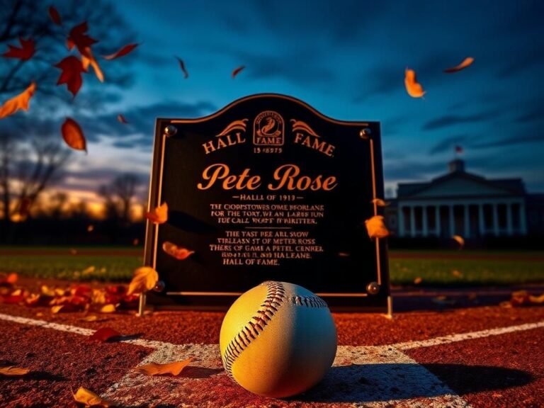Flick International Classic baseball Hall of Fame plaque amidst twilight sky and autumn leaves