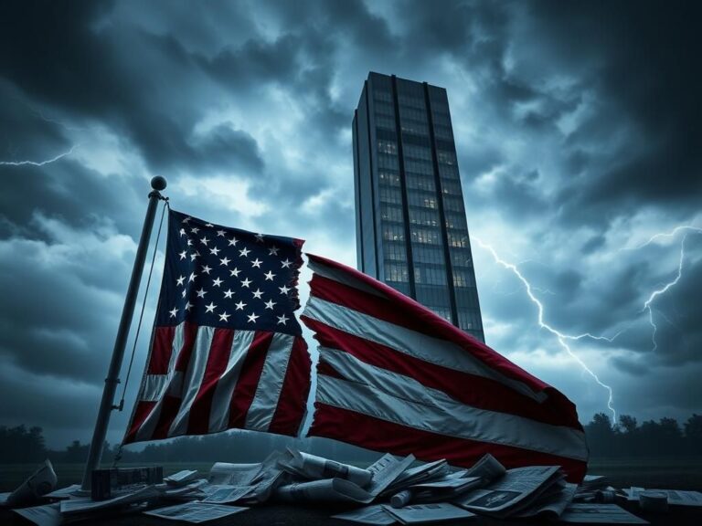 Flick International A large, weathered American flag torn and tattered stands against a dark, stormy sky.