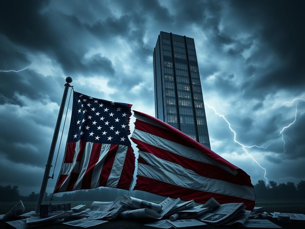 Flick International A large, weathered American flag torn and tattered stands against a dark, stormy sky.