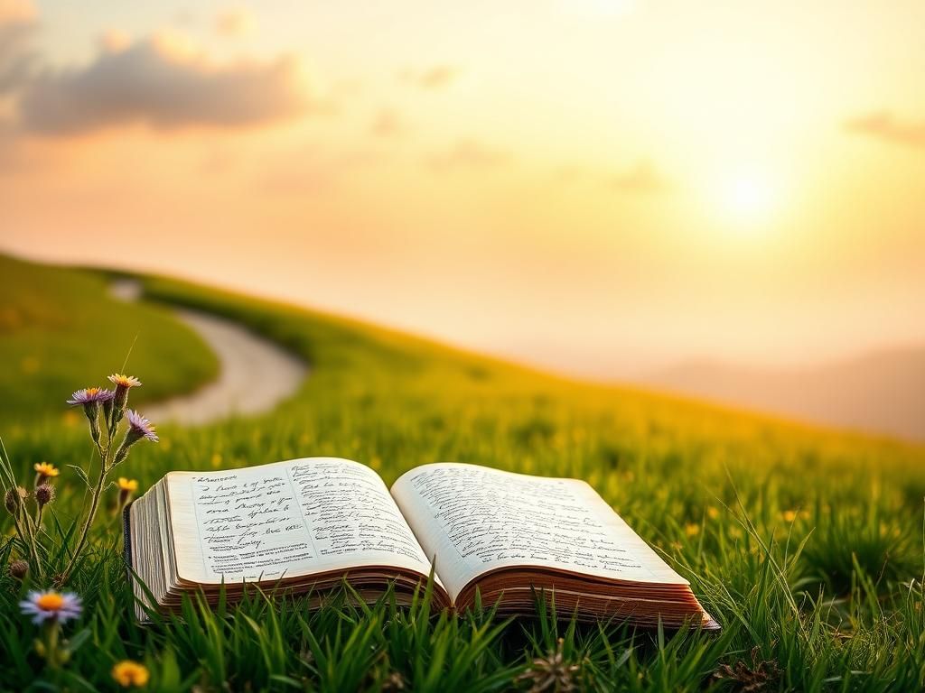 Flick International Peaceful sunlit landscape with an open journal and wildflowers symbolizing hope