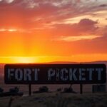 Flick International Dramatic sunset over Fort Pickett Army base with military equipment silhouettes