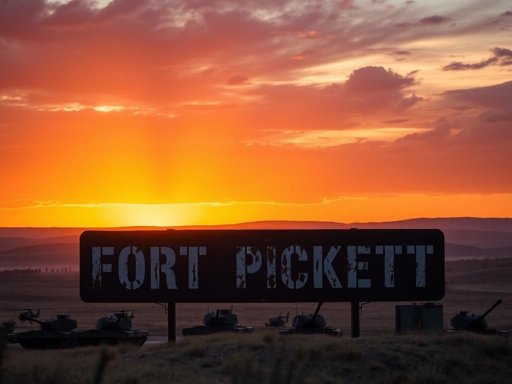 Flick International Dramatic sunset over Fort Pickett Army base with military equipment silhouettes