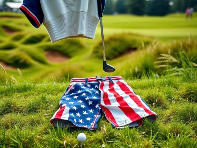 Flick International Close-up of Jason Day's patriotic American flag shorts on a golf tee at Oakmont Country Club