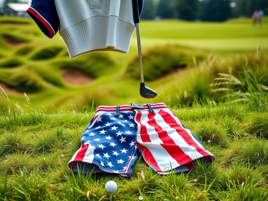 Flick International Close-up of Jason Day's patriotic American flag shorts on a golf tee at Oakmont Country Club