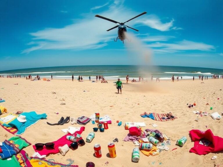 Flick International Panoramic view of Jones Beach showing chaotic aftermath of Senior Cut Day with helicopter overhead