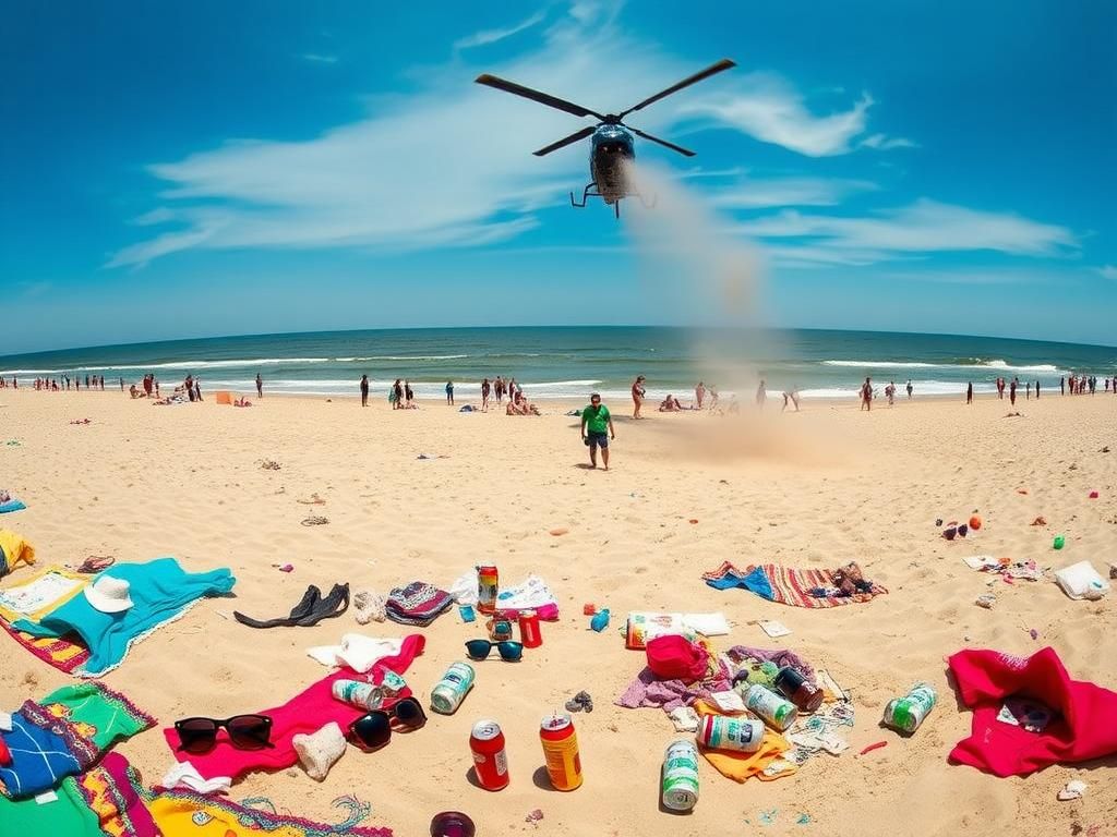Flick International Panoramic view of Jones Beach showing chaotic aftermath of Senior Cut Day with helicopter overhead