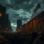 Flick International Dramatic urban scene depicting chaos and unrest in Los Angeles with protest remnants and tall buildings