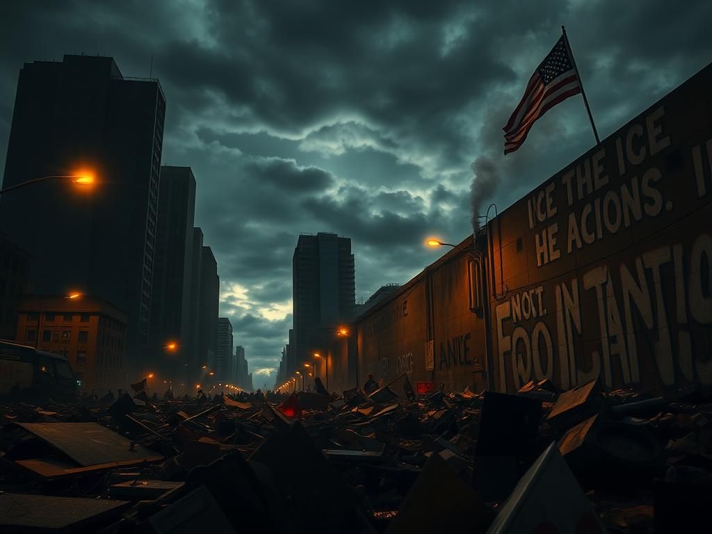 Flick International Dramatic urban scene depicting chaos and unrest in Los Angeles with protest remnants and tall buildings