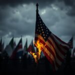 Flick International Worn American flag partially engulfed in flames with silhouettes of foreign flags in the background