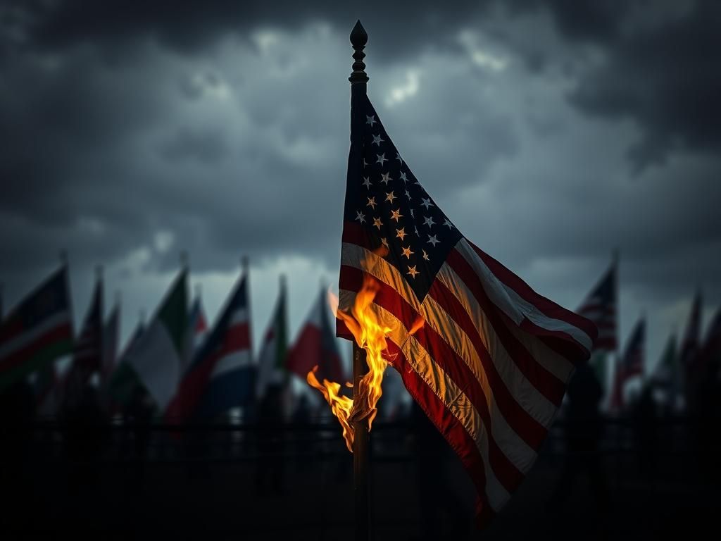Flick International Worn American flag partially engulfed in flames with silhouettes of foreign flags in the background