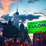 Flick International Bustling New York City skyline at dusk with political campaign posters