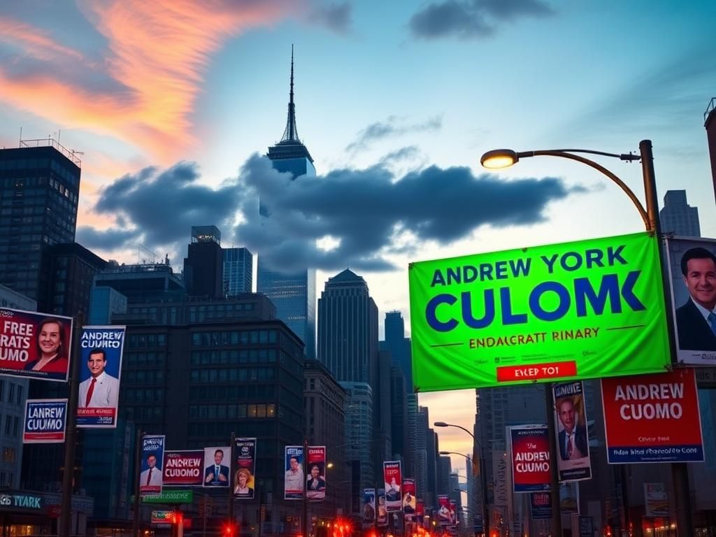 Flick International Bustling New York City skyline at dusk with political campaign posters