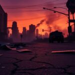 Flick International Aftermath of riots in Los Angeles with debris and protest signs on the street