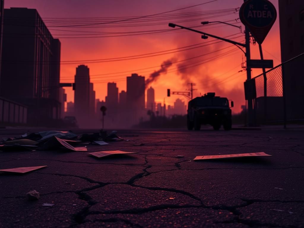 Flick International Aftermath of riots in Los Angeles with debris and protest signs on the street
