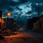 Flick International A burned and damaged city street at dusk, depicting the aftermath of civil unrest.