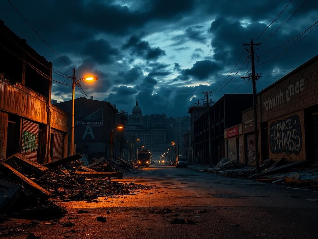 Flick International A burned and damaged city street at dusk, depicting the aftermath of civil unrest.