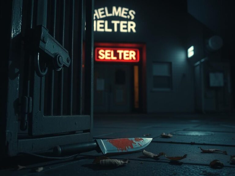 Flick International Dimly lit exterior of a homeless shelter with a closed metal gate and discarded knife, symbolizing recent tragedy.
