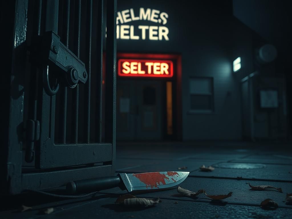 Flick International Dimly lit exterior of a homeless shelter with a closed metal gate and discarded knife, symbolizing recent tragedy.