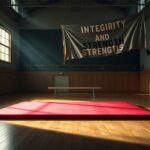 Flick International A vibrant gymnastics mat under spotlight on a dimly lit wooden gym floor, symbolizing the legacy of the sport.