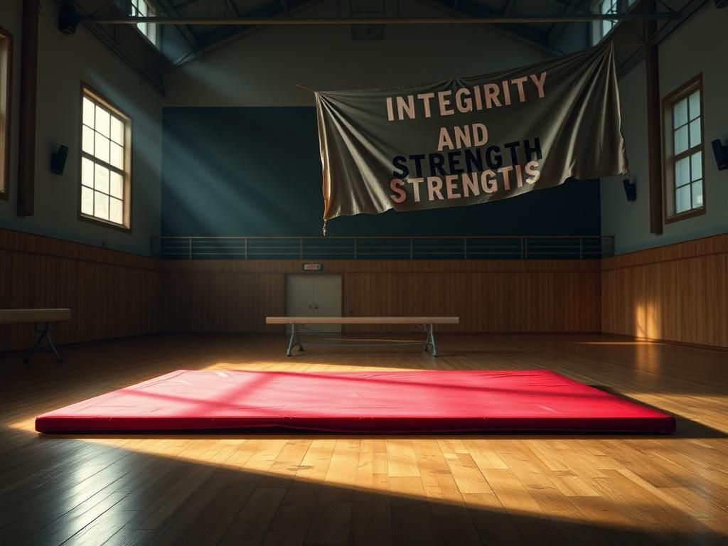 Flick International A vibrant gymnastics mat under spotlight on a dimly lit wooden gym floor, symbolizing the legacy of the sport.