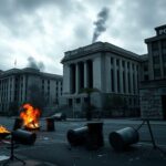 Flick International Dark urban landscape featuring federal buildings marred by anti-ICE riots.