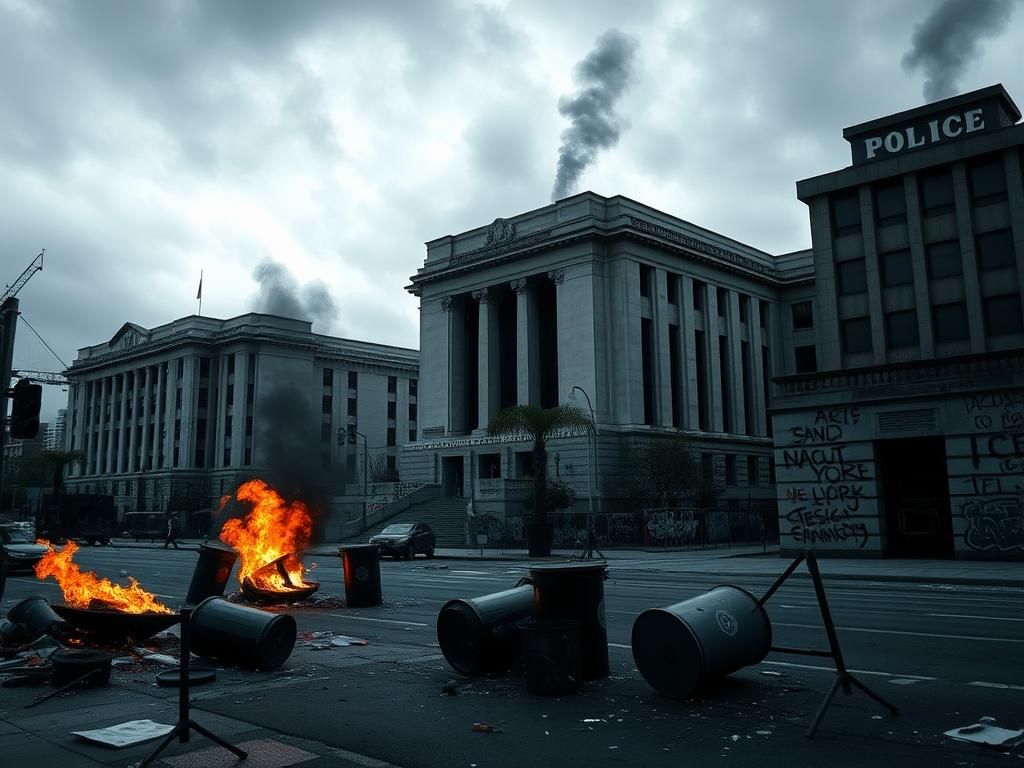 Flick International Dark urban landscape featuring federal buildings marred by anti-ICE riots.