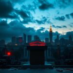 Flick International Dramatic cityscape of Los Angeles at dusk with an empty podium symbolizing political absence amidst unrest