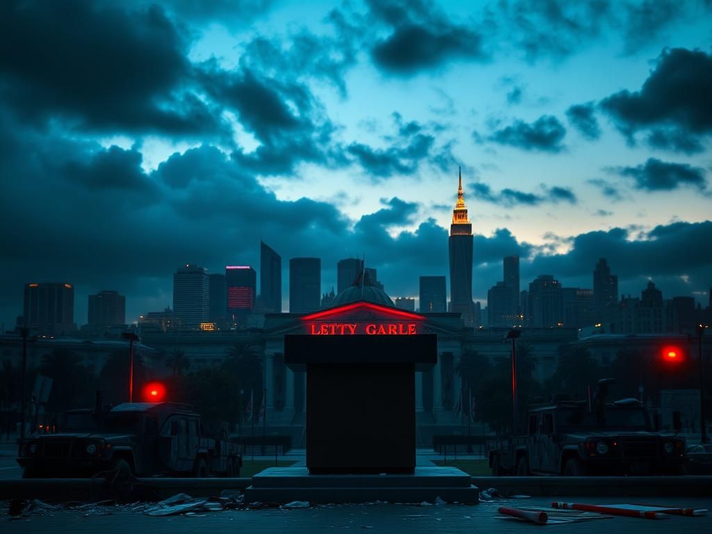 Flick International Dramatic cityscape of Los Angeles at dusk with an empty podium symbolizing political absence amidst unrest