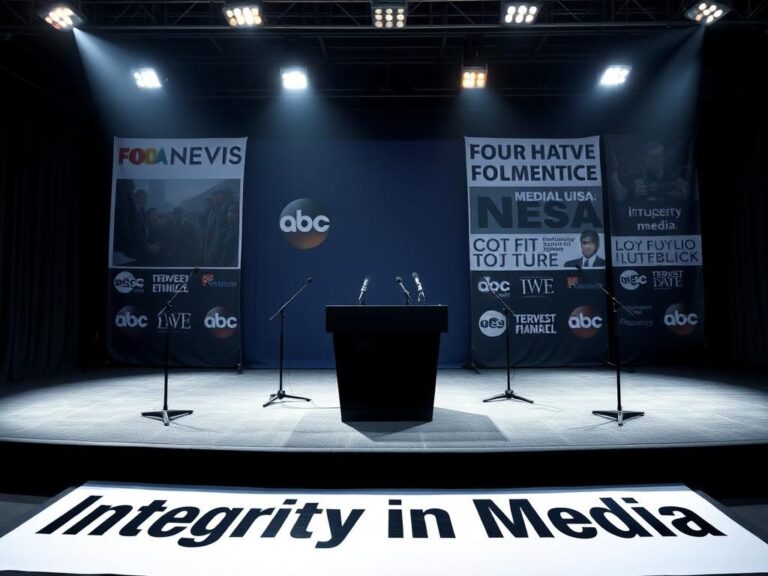 Flick International Empty press conference stage with a glossy black podium and microphones, highlighting media ethics