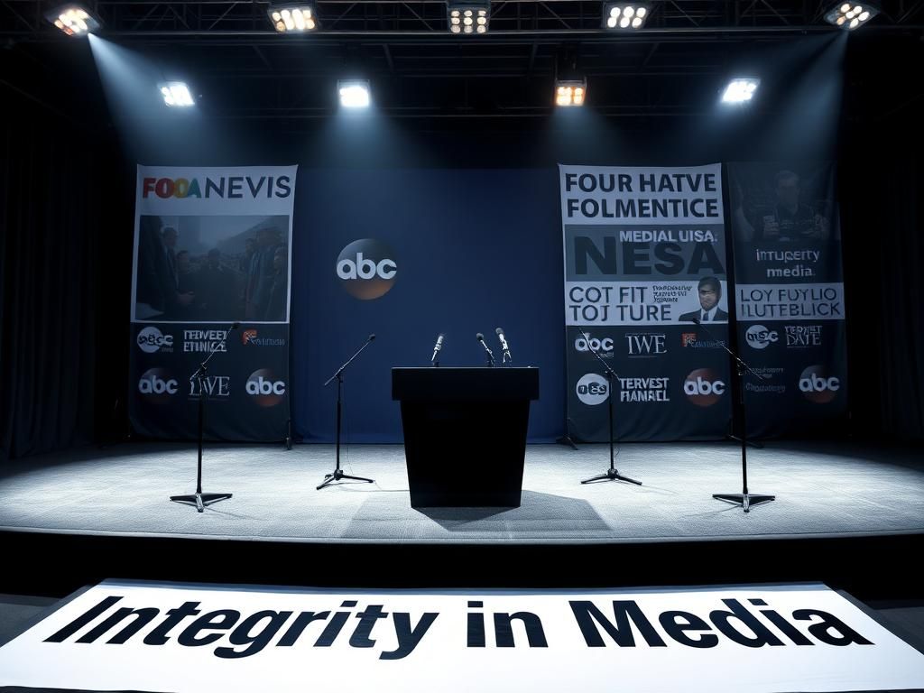 Flick International Empty press conference stage with a glossy black podium and microphones, highlighting media ethics
